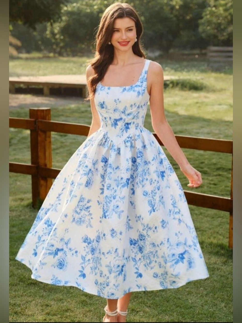 $25 Blue Floral Square-Neck Midi Dress - Elegant Women's Summer Dress New $25 - Picture 2 of 8